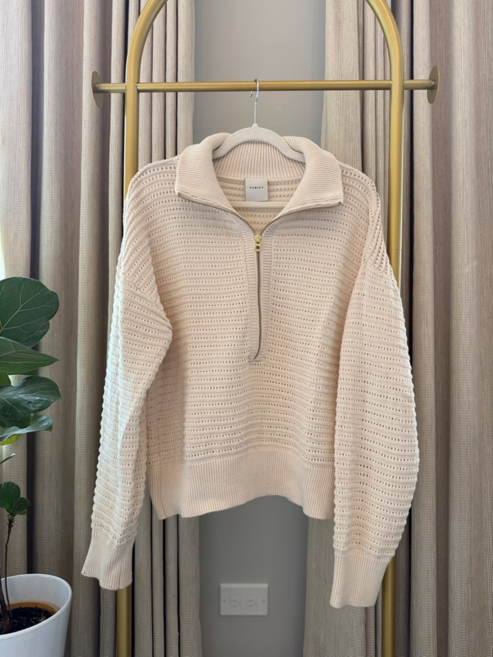 NWOT Varley Cream Half-Zip Open-Knit Pullover